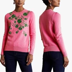 Boden Beaded Felicity Floral Pink Wool Blend Statement Sweater Size 12